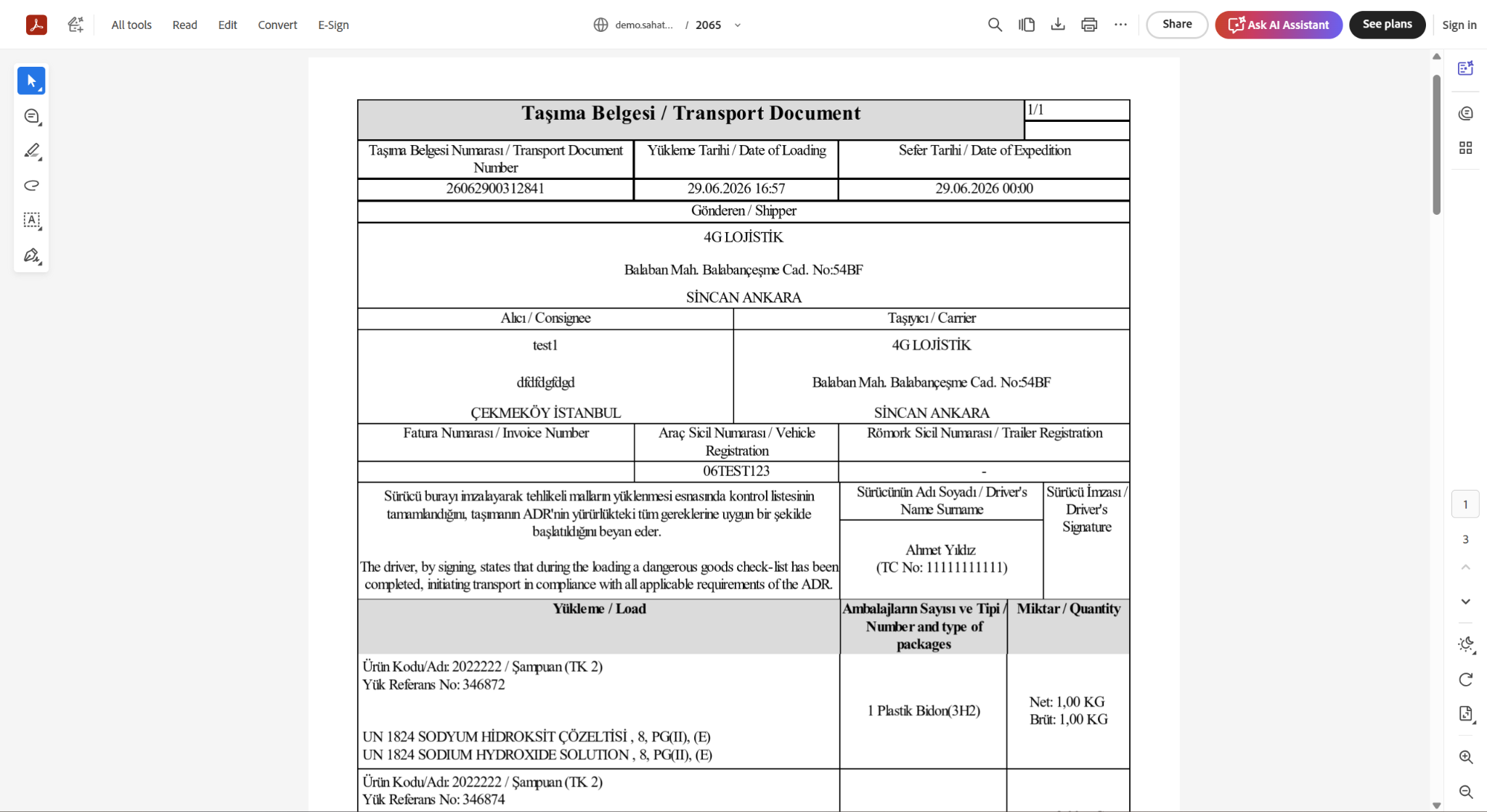 SahaTuru ADR taşıma belgesi