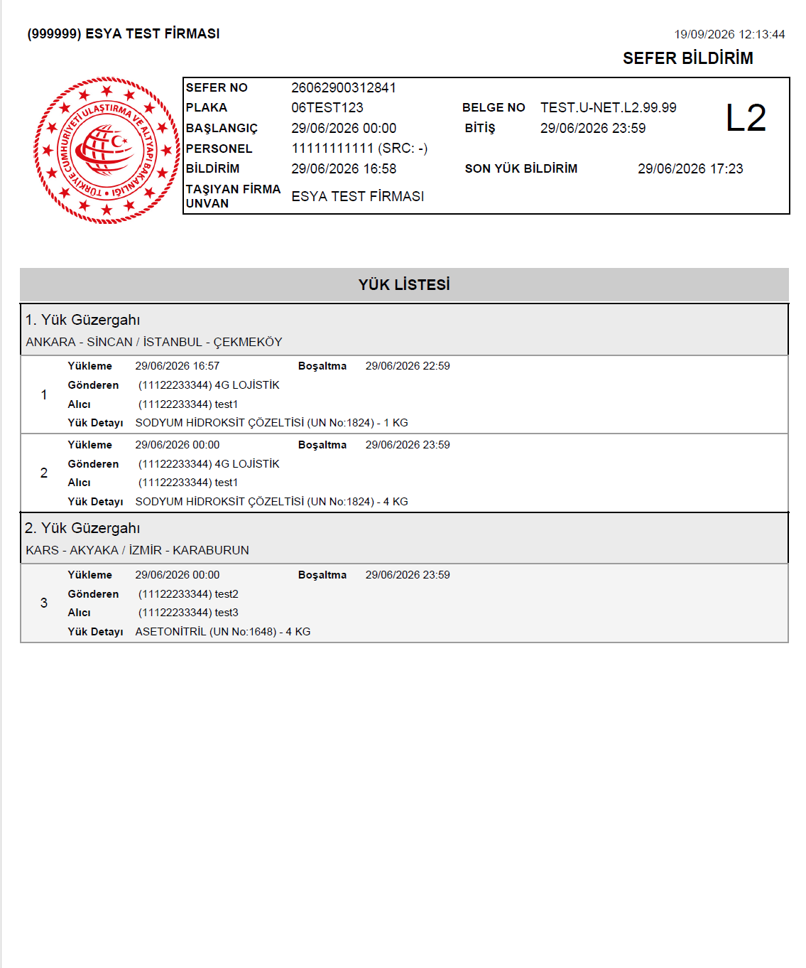 U-ETDS sefer bildirim raporu